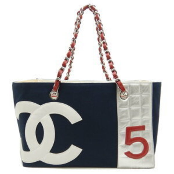 CHANEL Coco Mark Chain Tote Bag Canvas Leather Navy Blue White - Picture 8 of 8